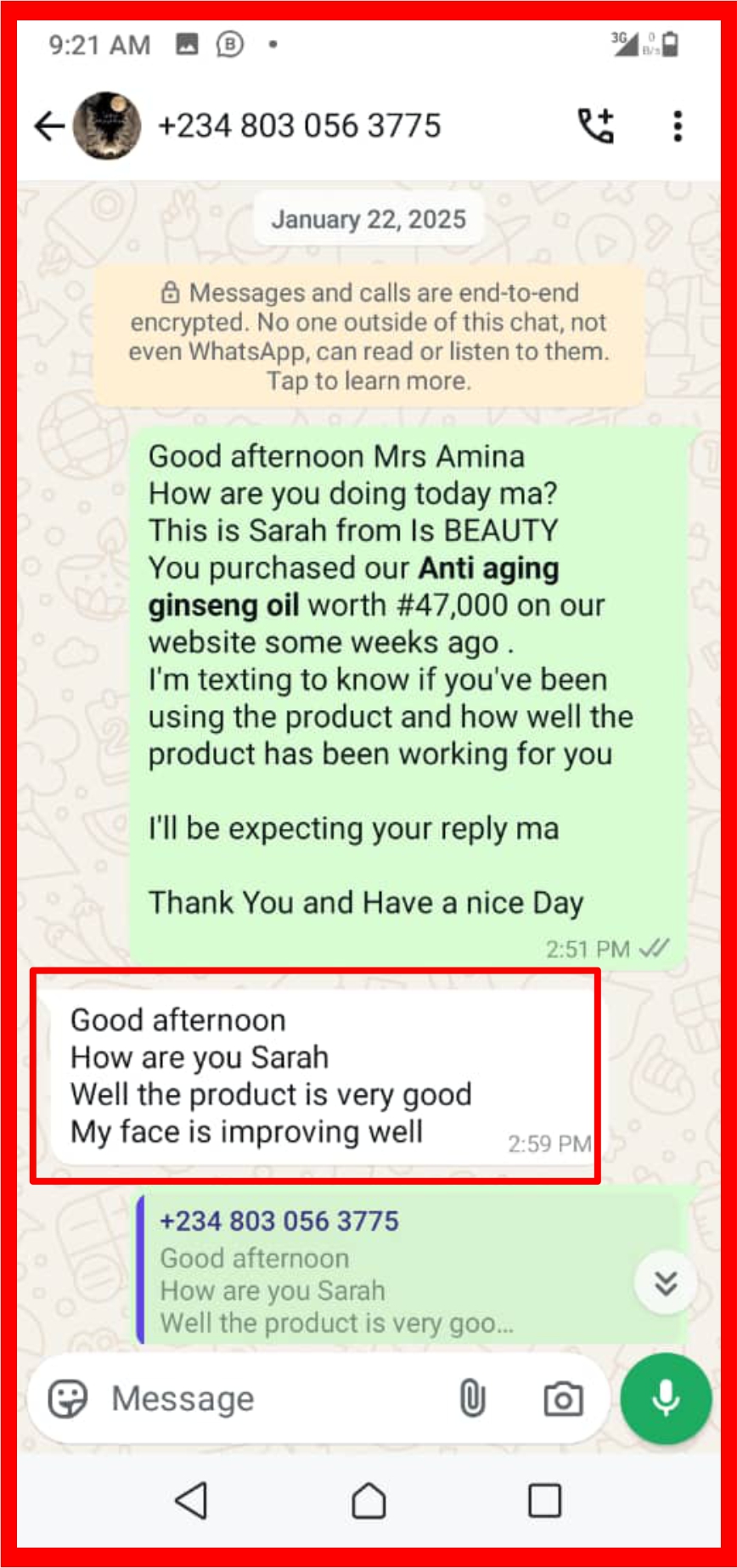 Customer WhatsApp review