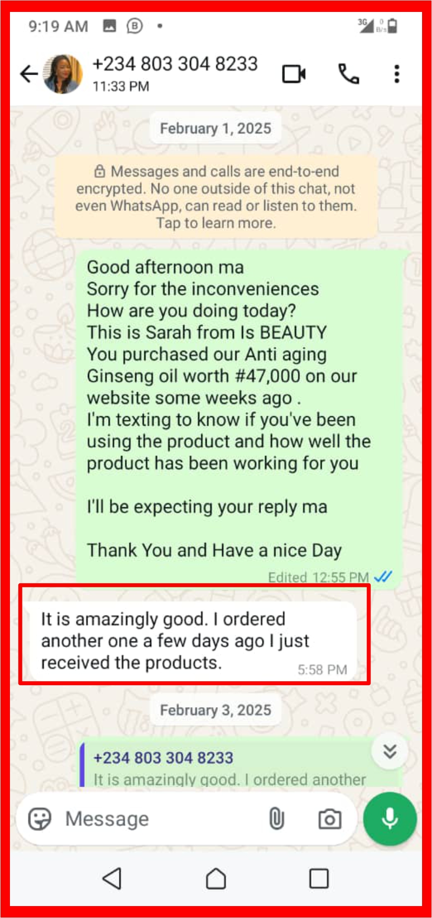 Customer WhatsApp review