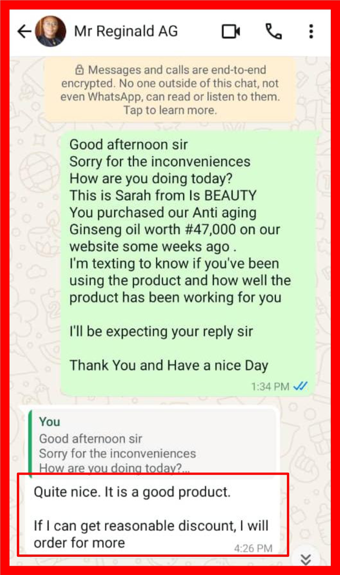 Customer WhatsApp review